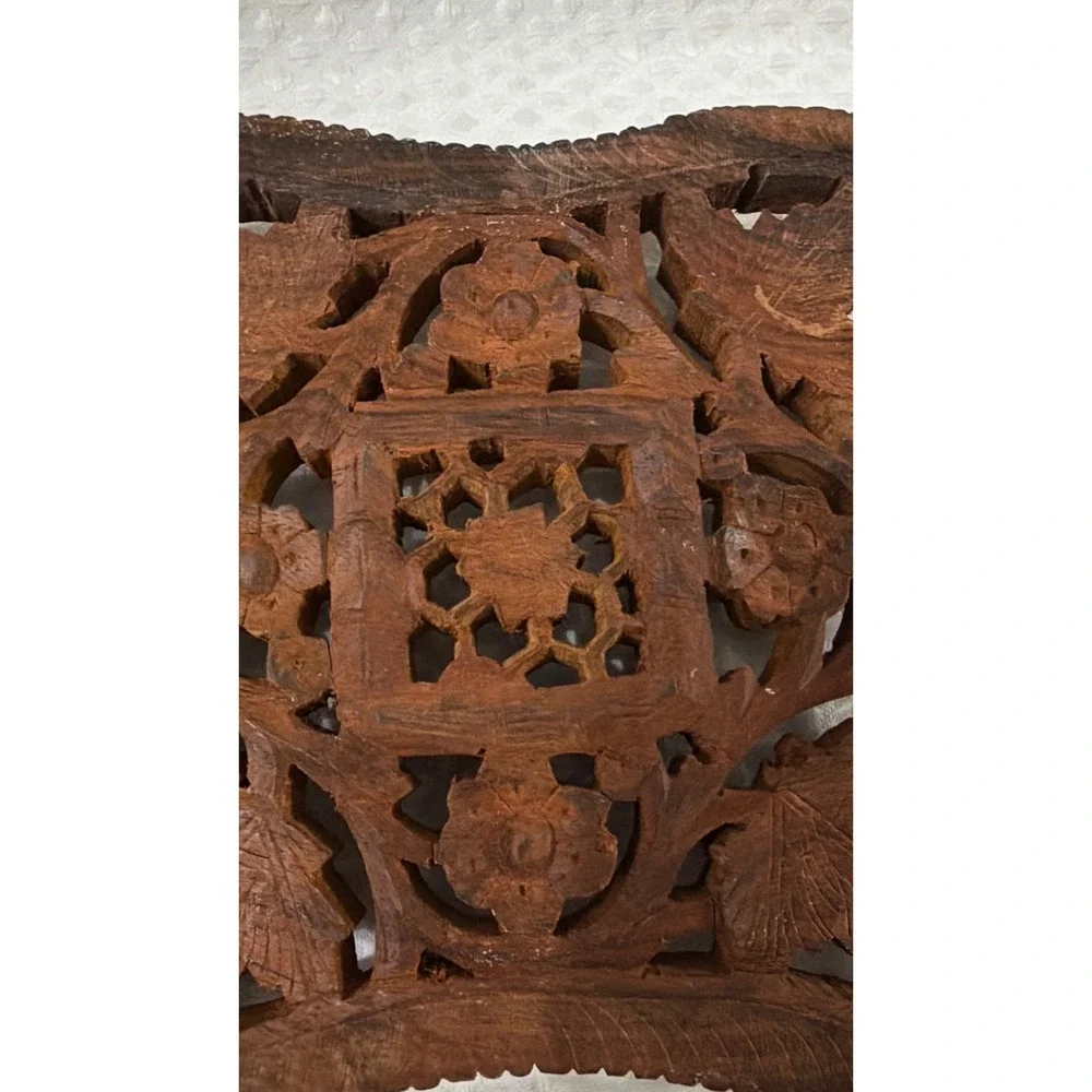 Vintage Hand-Carved wooden trivet crafted in India w floral & leaf motifs